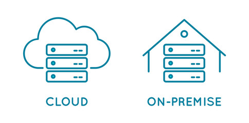 On-premise and cloud service line icon. Local network and cloud based solutions. In house infrastructure vs global network. Virtual and physical data storage. Vector illustration, flat, clip art. - obrazy, fototapety, plakaty
