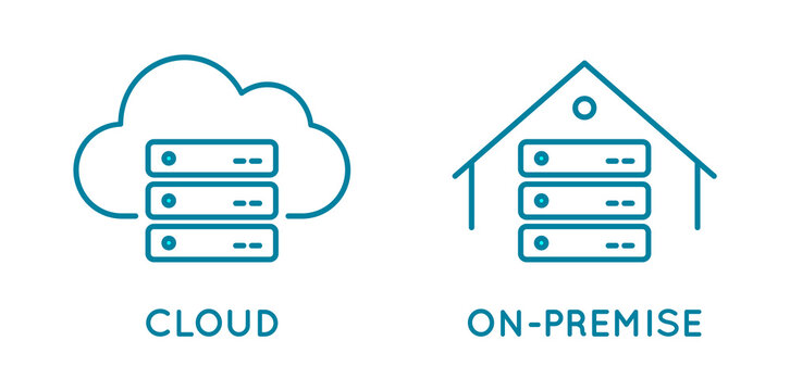 On-premise and cloud service line icon. Local network and cloud based solutions. In house infrastructure vs global network. Virtual and physical data storage. Vector illustration, flat, clip art.