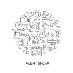 Fototapeta na wymiar Talent show abstract linear concept layout with headline. Live entertainment. Fun and enjoyment. Live show minimalistic idea. Thin line graphic drawings. Isolated vector contour icons for background