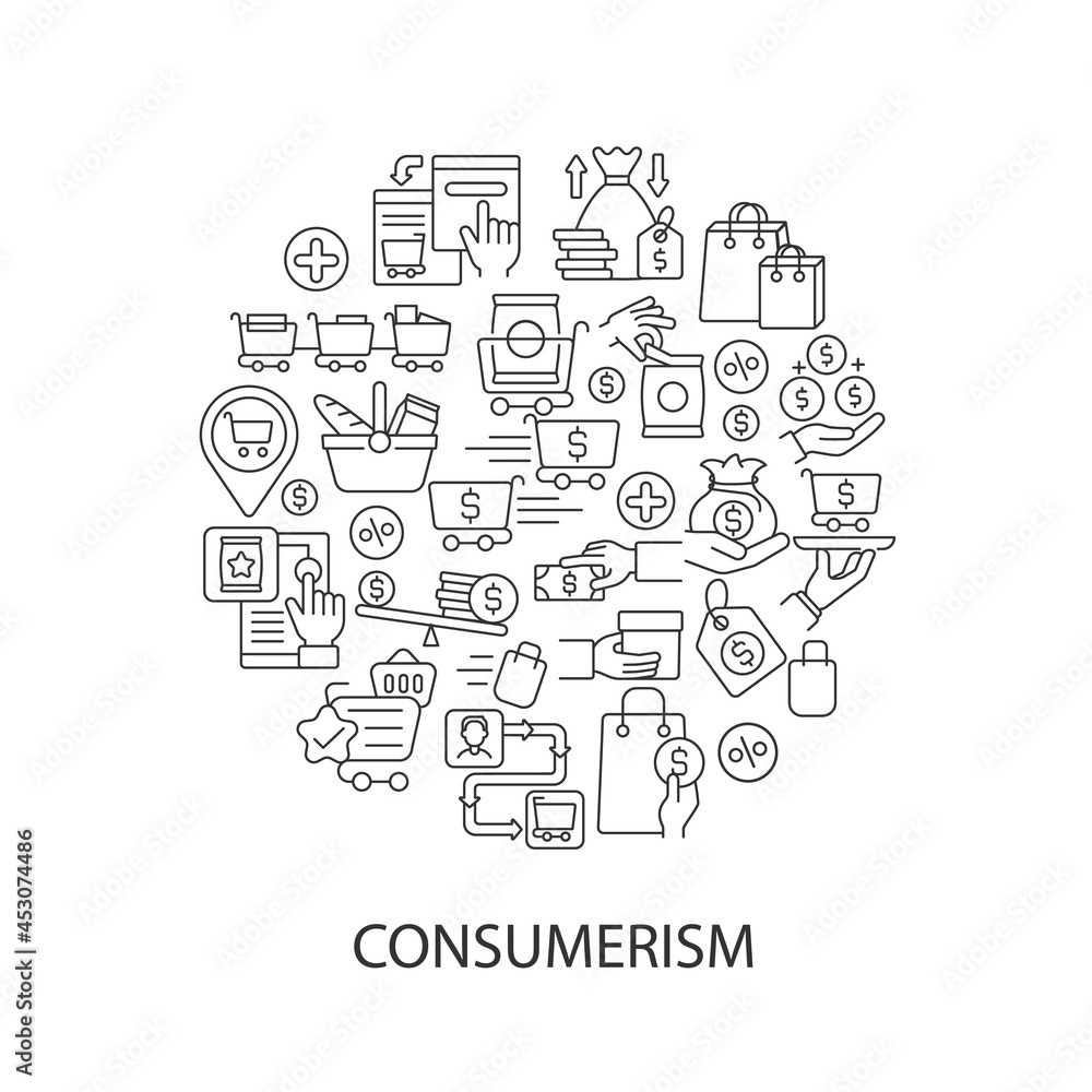 Poster consumerism abstract linear concept layout with headline. sale for products. sell goods. commerce mi