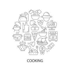 Food cooking abstract linear concept layout with headline. Serve dish in restaurant. Culinary minimalistic idea. Thin line graphic drawings. Isolated vector contour icons for background