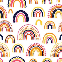 Autumn rainbow seamless repeat pattern. Hand drawn, vector illustration with dots, lines and waves all over surface print on white background.