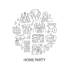 Party abstract linear concept layout with headline. Celebrating birthday with friends. Entertainment minimalistic idea. Thin line graphic drawings. Isolated vector contour icons for background