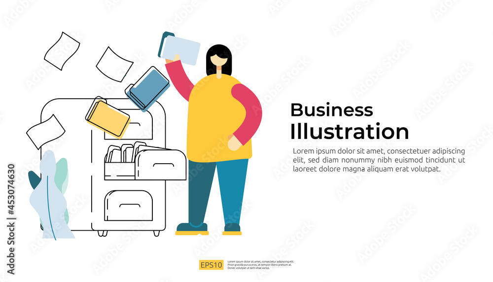 Poster file management archive and organize vector illustration with people cartoon character. work with do