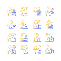 Company staff related gradient linear vector icons set. Chief executive officer. Customer support. Company workers team. Thin line contour symbols bundle. Isolated outline illustrations collection