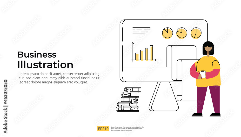 Poster data management and report with graph chart on pc screen and character illustration. big data scienc