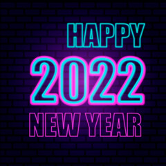Fototapeta na wymiar 2022 number icon. Happy New Year. Neon style. Light decoration icon. Bright electric symbol