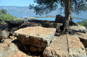 Ruins of the antcient greek theater, Kedrai, Sedir island,Gulf of Gokova, Aegean Sea, Turkey