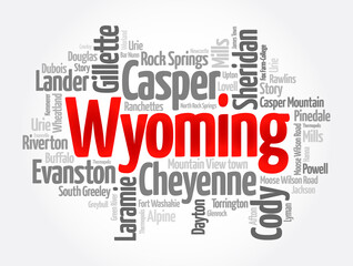 List of cities in Wyoming USA state, word cloud concept background