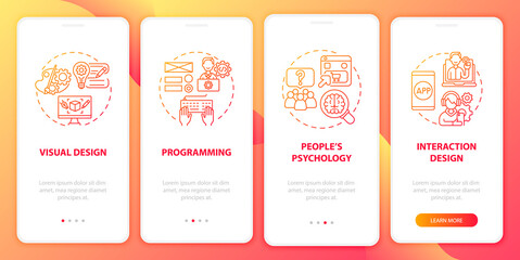 User experience design onboarding mobile app page screen. Visualization, psychology walkthrough 4 steps graphic instructions with concepts. UI, UX, GUI vector template with linear color illustrations