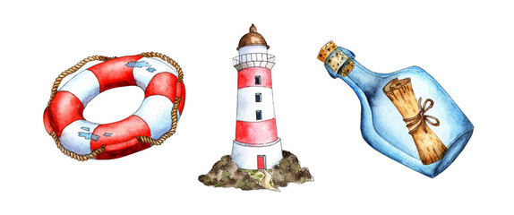 Watercolor painting set Bottle with note, lighthouse, lifebuoy. Naval support, sailor property. Collection of marine adventures. Help, saving a drowning man. Isolated over white background. Drawn 