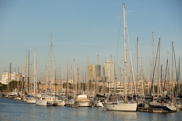 Fototapeta premium Yachts and catamarans moored in Port Vell, Barcelona