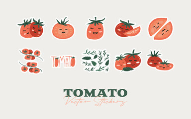 Tomato cartoon stikers set. Isolated on a white background. Cute character design. Vector Illustration.