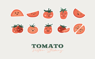Tomato cartoon stikers set. Isolated on a white background. Cute character design. Vector Illustration.
