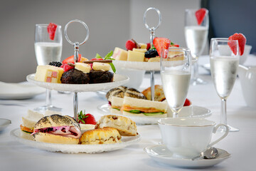 Champagne afternoon tea for 4 at an elegant London hotel - obrazy, fototapety, plakaty