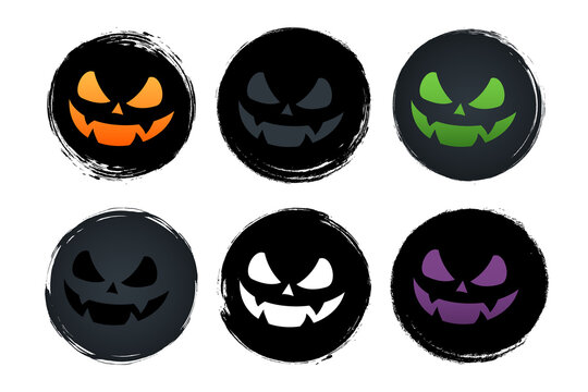 Brush stroke scary monster face. Set of circle, grunge, black paint, dirty brush strokes monsters. Creative elements for Halloween holiday designs. Vector illustration.