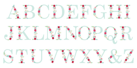 Cute vintage alphabet letters with hand drawn rustic flowers