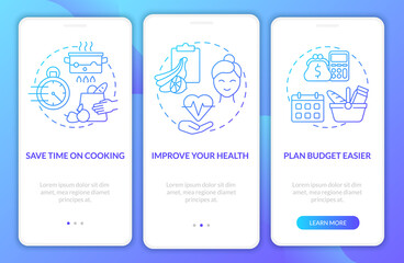 Obraz na płótnie Canvas Reasons for meal planning blue gradient onboarding mobile app page screen. Cooking walkthrough 3 steps graphic instructions with concepts. UI, UX, GUI vector template with linear color illustrations