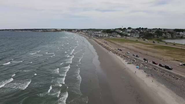 Flying Towards Coastal Road At The South Of Nantasket Beach In Hull Town,  Massachusetts, United States. - Aerial Drone