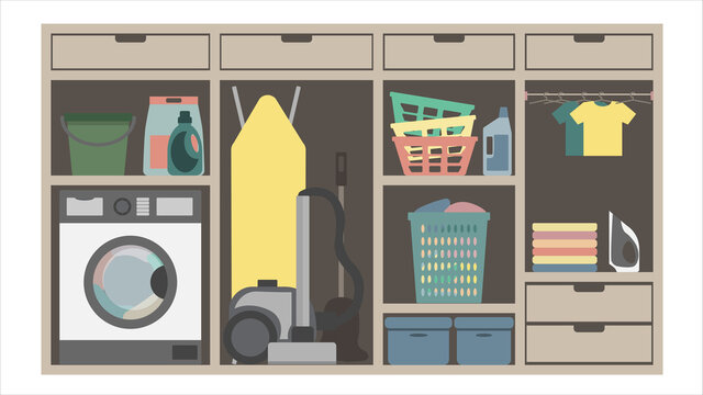 Washing machine, baskets and box organization in closet. Storeroom with boxes, vacuum cleaner and iron.