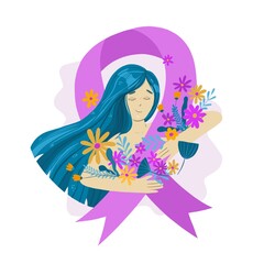 breast cancer awareness handrawn illustration with a woman surrounded by flowers and pink ribbon