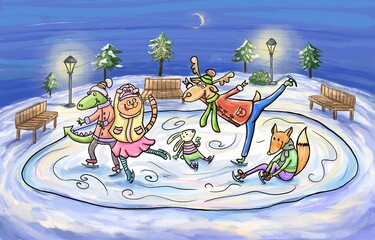Funny cartoon animals having fun at skating rink in the park at night. Cat, moose, bunny, fox and dinosaur. Winter landscape with warm light from street lamps. Christmas holidays. Seasonal postcard.