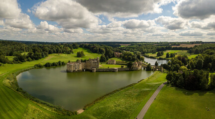 The drone arial view of Leeds castle. Leeds Castle is a castle in Kent, England, southeast of...