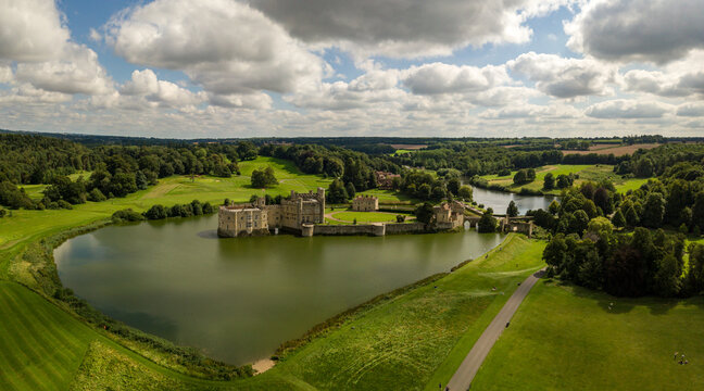 The drone arial view of Leeds castle. Leeds Castle is a castle in Kent, England, southeast of Maidstone. It is built on islands in a lake formed by the River Len.
