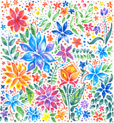 Colorful flowers drawn by watercolor pencils. Summer pattern