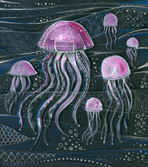 Jellyfish dancing in the water column among air bubbles and decorative ornamental waves. Drawing on black paper.