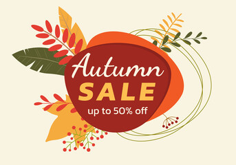 Autumn sale banner or bade design with fall leaves and abstract geometric shapes. Promotion or discount card template. Vector illustration. 