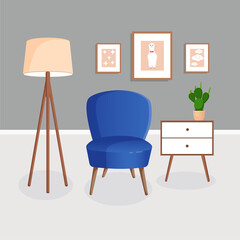 Cute grey interior with modern furniture and plants. Design of a cozy living room with soft chair, house plant, pictures and lamp. Vector flat style illustration.