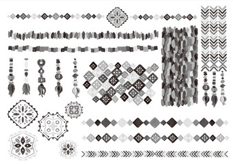 エスニック　北欧風　レトロポップ　線　枠　フリンジ　編み物　素材セット - obrazy, fototapety, plakaty
