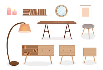 Set of furniture for the bedroom, hallway, living room, office. Collection of items for the interior of an apartment, office, home. Vector illustration in flat cartoon style. Housing elements.
