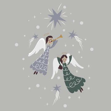 A Christmas card in the Gothic style. Cute angels fly under the star and sing. Yuletide. Merry Christmas and a Happy New Year. Church songs.