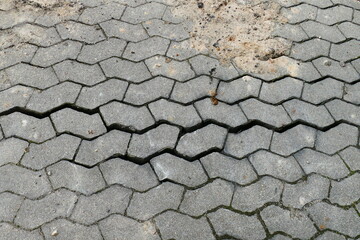Sidewalk made of interlocking paving stones, where the stones drifted apart due to a settlement of...