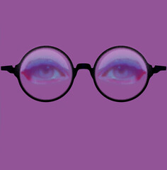 Okulary, na różowym tle z odbiciem kobiecych oczu w szkłach. Szyld, optyk. Optymistyczny. © Victoria Ritchie