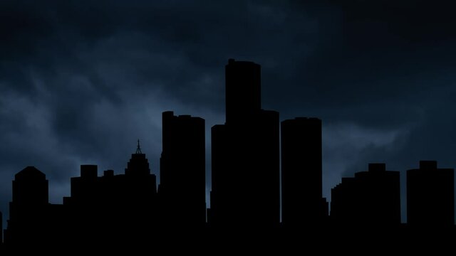 Detroit: Lightning and Thunderstorm flash over Skyscrapers in Silhouette, Michigan, USA