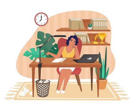 Creativity crisis, burnout. Sad woman writer sitting at desk with clean sheet of paper on it, vector illustration.