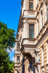St. Petersburg, Russia, July 24, 2021. Skyline at Vasilievsky Island in historical part of the city. Fragment of facade