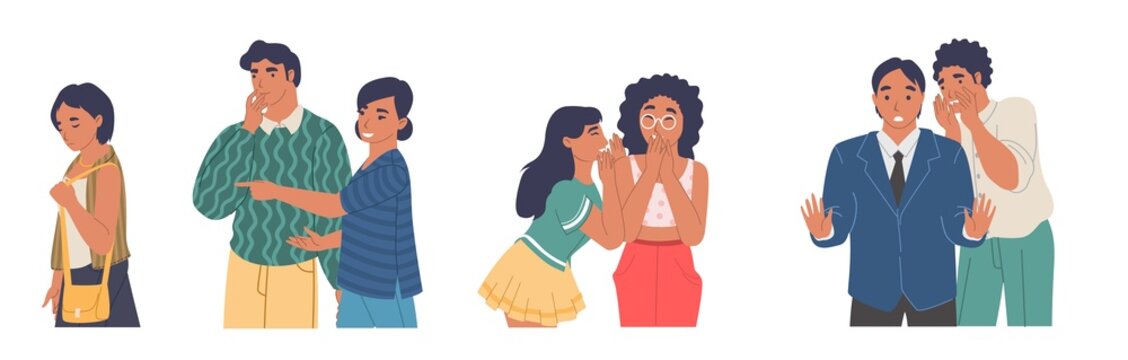 People gossiping, whispering, spreading rumors pointing at passing sad girl, vector illustration.