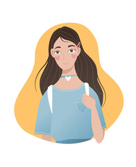 Young student girl cartoon flat vector illustration. Cute happy teenager wearing blue t-shirt and choker, holding backpack isolated on white background. Bright colorful youth lifestyle school girl