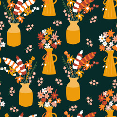 Autumn Flower vase seamless vector pattern. Repeating horizontal background with colorful fall flowers. Use for autumn decor, Thanksgiving, fabric, wrapping, home decor.