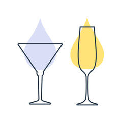 Two glasses with champagne and martini. Shot glass drinks. Template alcohol beverage for restaurant, bar. Symbol party. Different drinks. Isolated flat illustration on white background