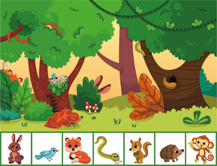 Can you find the animals hidden in the forest? Educational game for kids. Vector illustration.