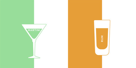 Rum and martini glass in minimalist linear style with text. Contour of glassware on right side in form of fine line. Two types of multi-colored drink. Isolated image on white backdrop