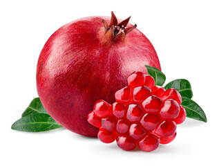 Pomegranate isolated. Pomegranate with seeds and leaves on white background. Full depth of field.