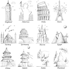 Abstract vector set architecture print of countries. Landmark. China, Japan, Russia, America, Germany, Italy, Turkey, England, France, London, Thailand.Travel Design template eps pattern 