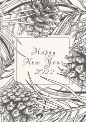 Winter greeting card with pine branches and cones. Sketch. Black and White.