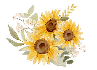 Watercolor sunflower bouquet. Sunflower and leaves. Floral bouquet.